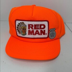 Rare VTG Red Man Brand Embroidered SnapBack Hat, bright orange